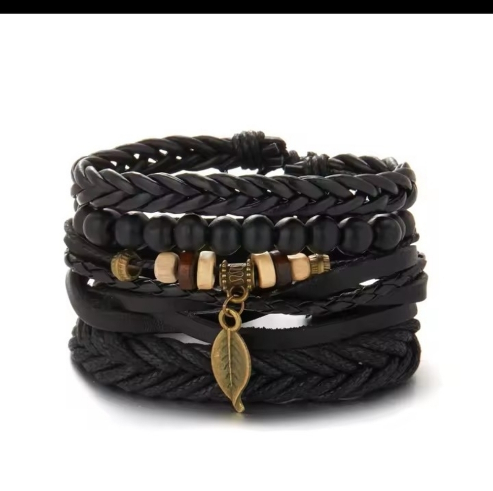 Men's‎ Leather Bracelet Set Braided Beaded Black New f51